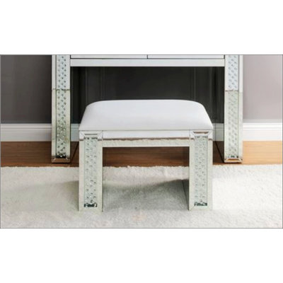 Nysa Ivory Synthetic Leather Vanity Stool With Mirrored Finish And Faux Crystal Inlay, Elegant And Comfortable