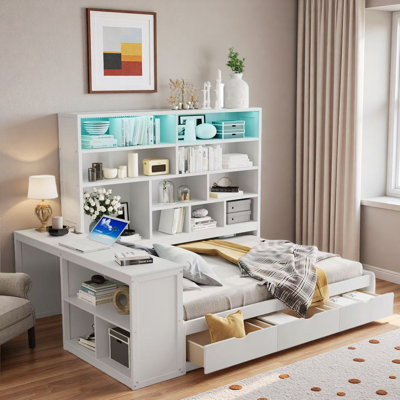 Wooden Daybed With 3 Drawers, Desk, Open Shelves, Lights And Charging Station