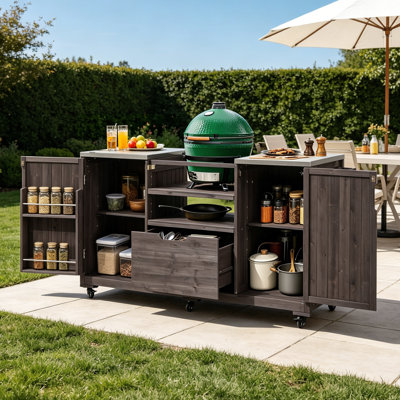 Outdoor Kitchen Island, Solid Rolling Bar Cart with Stainless Steel Top & Storage Cabinet Drawer for Large Big Green Egg, Kamado Joe