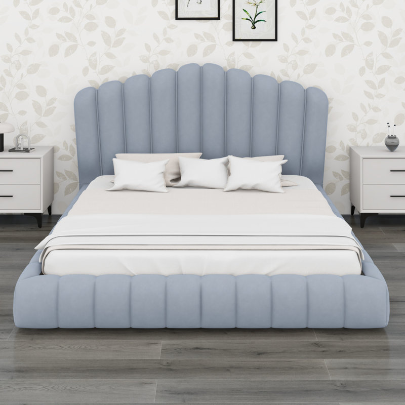Upholstered Bed Frame Floor Bed Shell-Shaped Headboard, Light Blue
