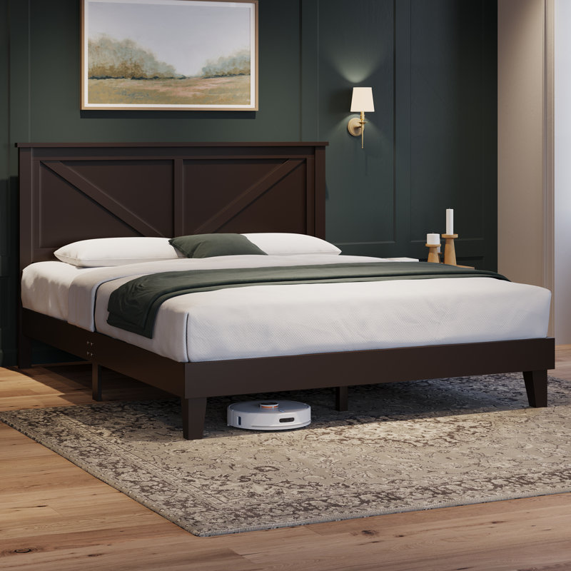 Structure de lit en bois multi-tailles avec tête de lit, aucun sommier nécessaire, Grand, Espresso