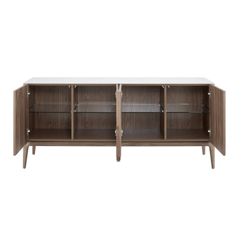 Kraig 71" Sideboard In White Ceramic Glass And Walnut