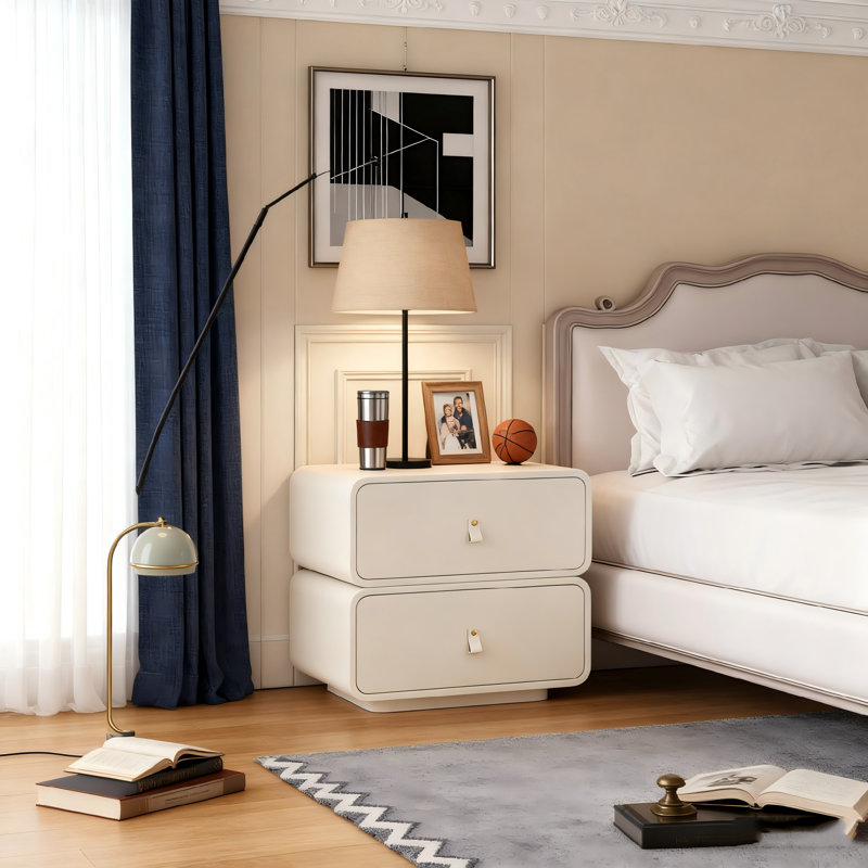 Set of 2 Nightstands, Modern Cream White Curved Nightstand with 2 Drawers, Rounded Edge Stackable Bedside Table with Gold Knobs, Contemporary Low Profile End Table for Cottage, Japandi & Small Bedroom