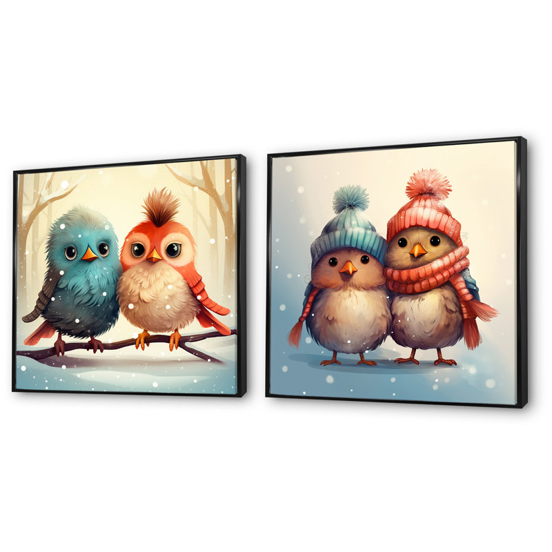 Amoureux des oiseaux de Noël pour chambre de bébé I - ensemble de 2 décorations murales d'oiseaux, Cadre flottant noir