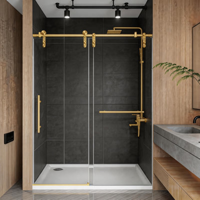 Double porte de douche coulissante sans cadre moderne avec quincaillerie dorée, verre trempé transparent