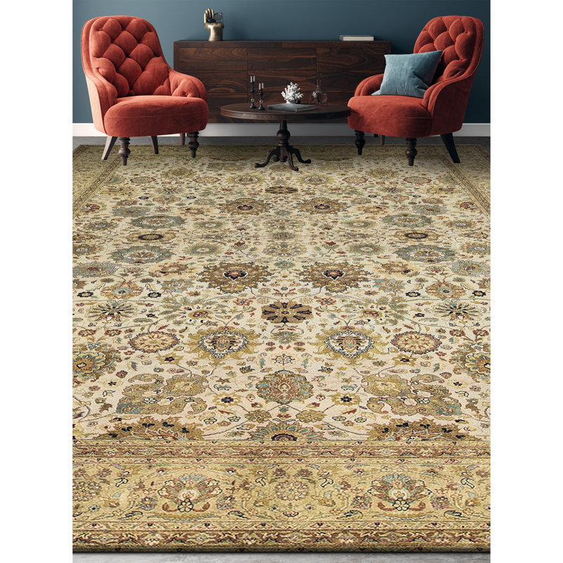 Tapis beige et doré de haute qualité noué à la main