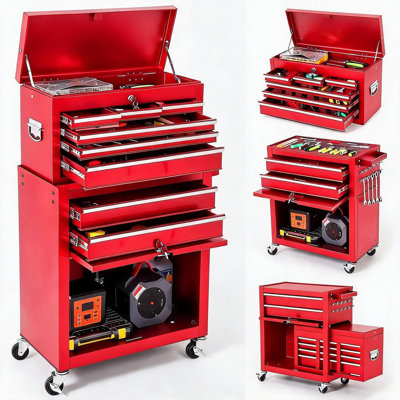 Rolling Metal Tool Chest Cabinet with 8 Drawers, Mobile Tool Cart with Sliding Drawers, Protective Liner & Lockable Casters for Garage and Workshop Storage, Red