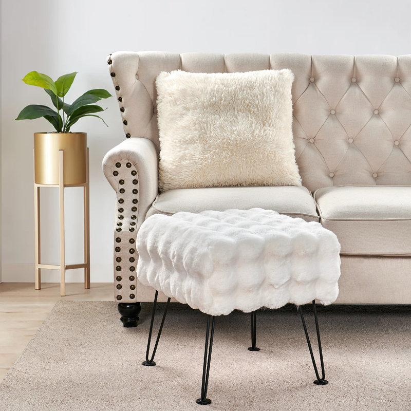 43.2cm Wide Rectangle Solid Colour Standard Ottoman, White Faux Fur