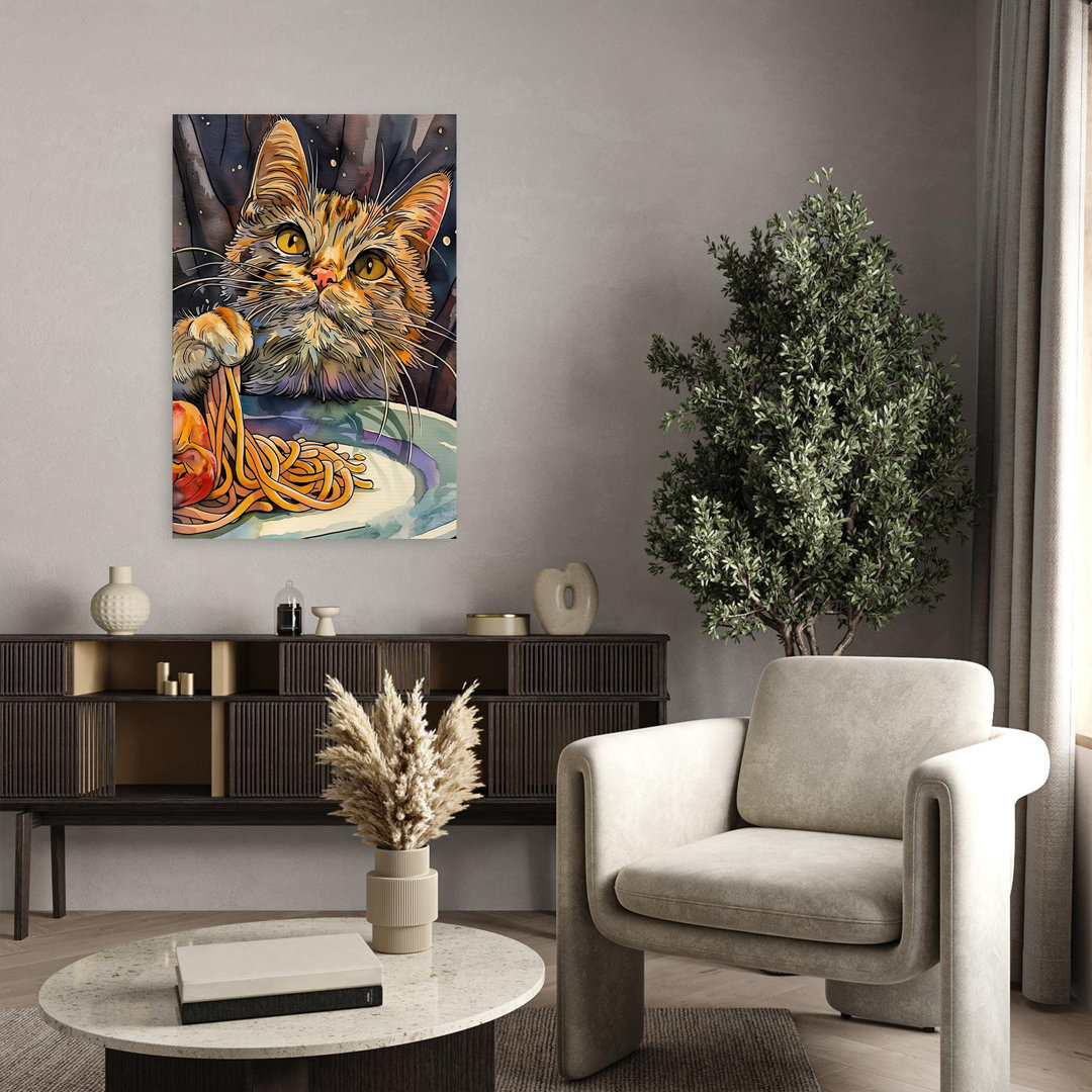 Cat'S Spaghetti Dinner Playful Whimsical Contemporary Cat Wall Art Print
