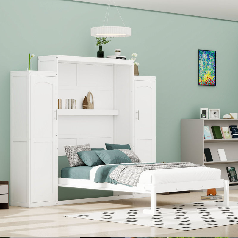 Lit escamotable en bois avec rangement intégré pour garde-robe, Grand lit