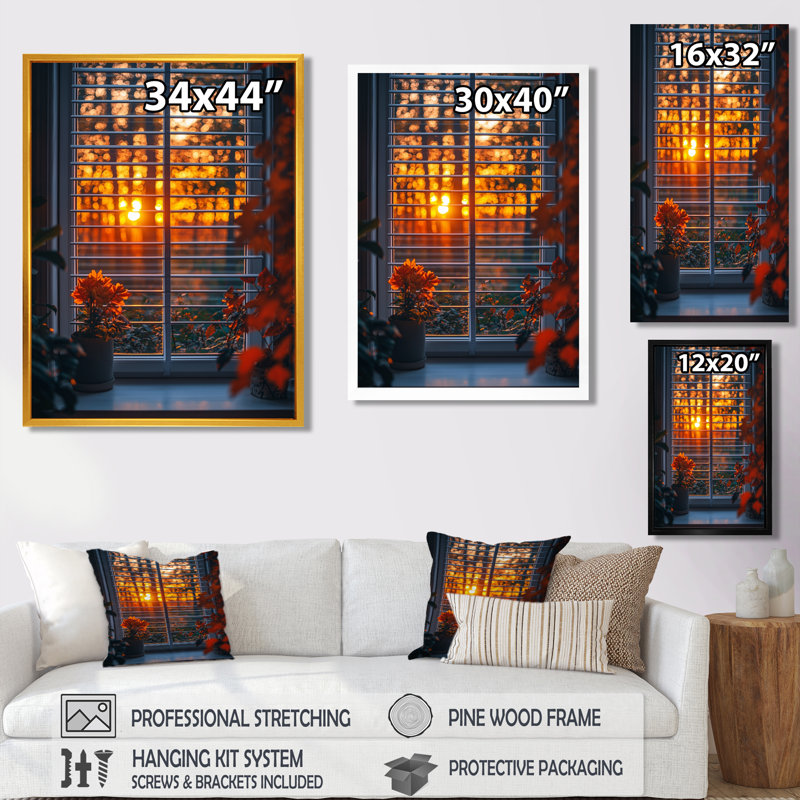 Window In The Forrest Sunrest - Art mural de fenêtre pour le salon, H 40 po x l 30 po, Impression encadrée flottante