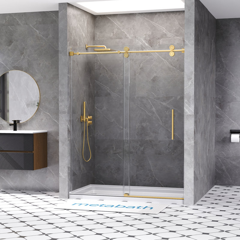 56"-60" W x 76" H Single Sliding Frameless Shower Door with 3/8"(10mm) Tempered Clear Glass, Gold