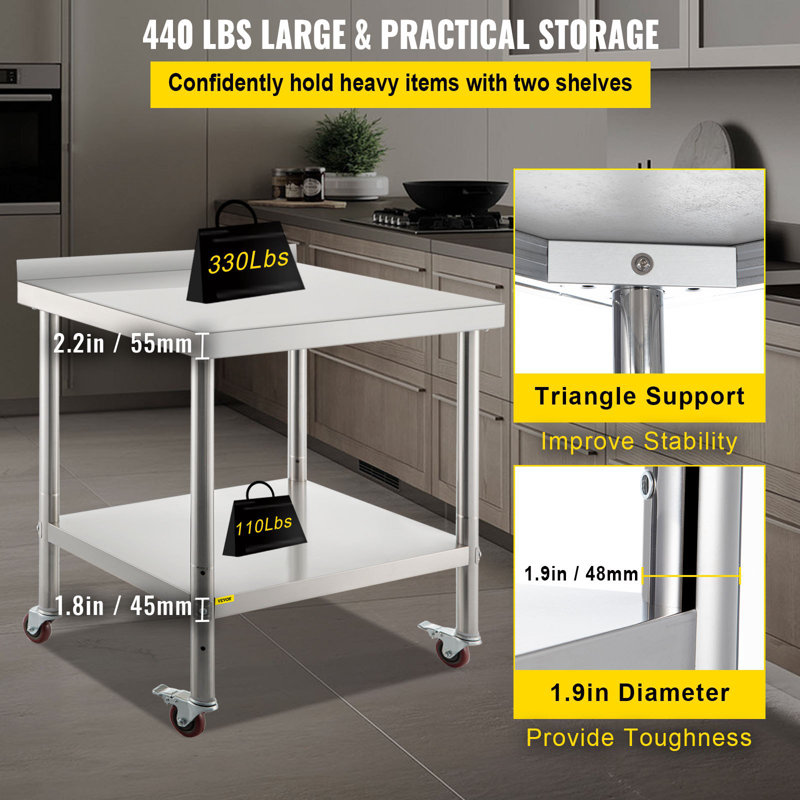 Table de préparation en acier inoxydable, 30 po x 24 po x 35 po, capacité de charge de 440 lb, table de travail en métal robuste avec tablette de dosseret réglable et 4 roulettes, poste de travail commercial pour le restaurant de cuisine
