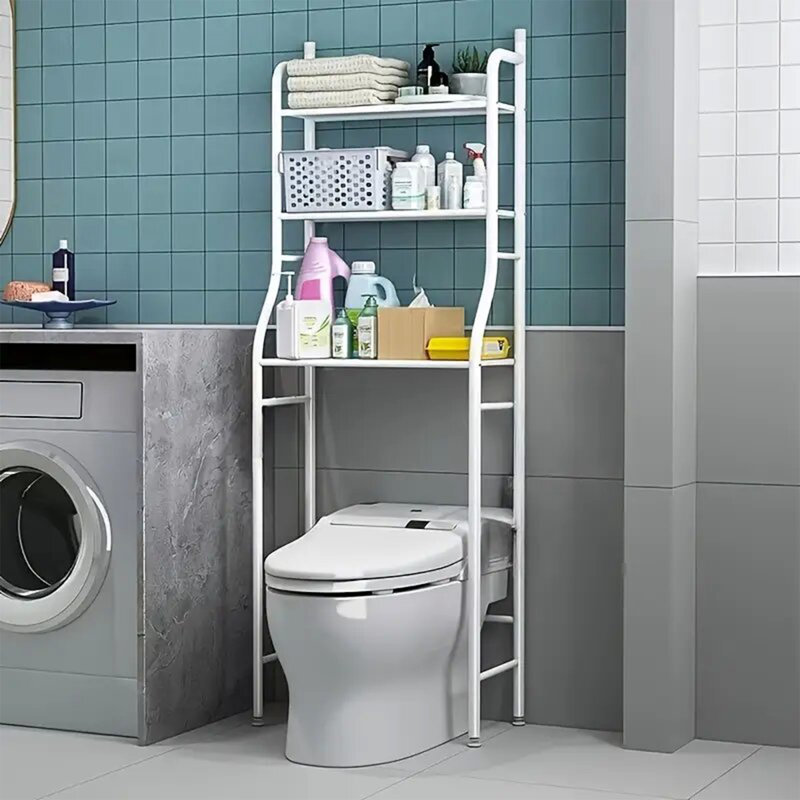 [freestanding Above Toilet Shelf] 3-tier Over The Toilet Storage, 1pc Space Saver Metal Bathroom Shelves, Freestanding Above Over Toilet Storage Shelf With Hooks For Bathroom, White