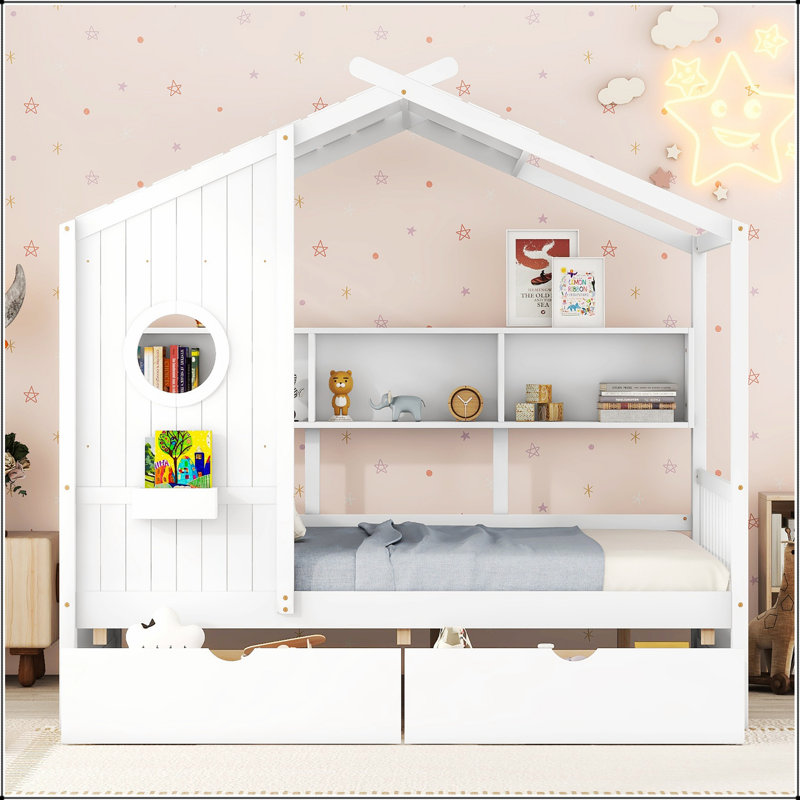 Lit double en bois avec 2 tiroirs, lit pour enfant avec tablette de rangement et cadre durable pour une meilleure qualité de sommeil
