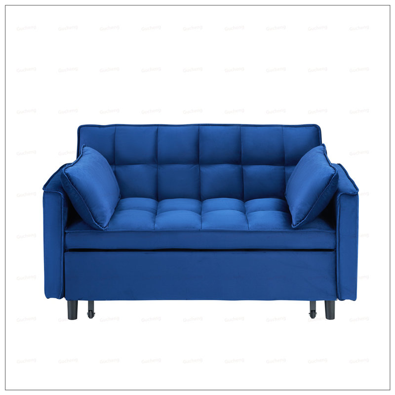 Modern Velvet Loveseat Futon Sofa with Reclining Backrest, Toss Pillows, Pockets, and Convertible Sleeper Function for Living Room