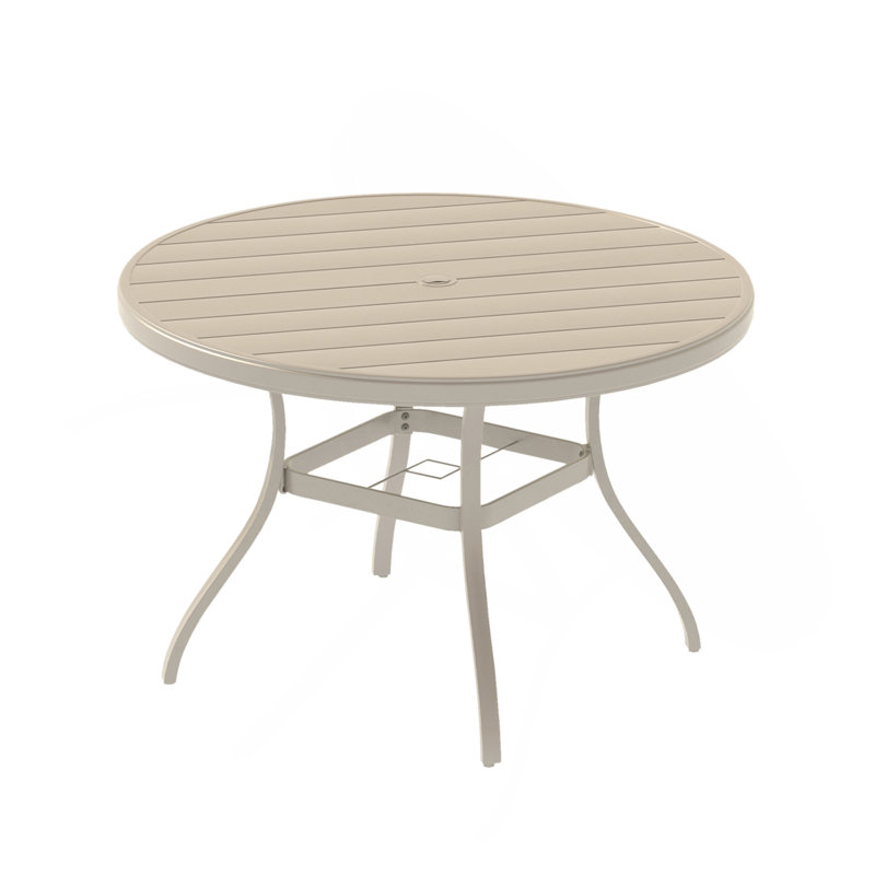 Outdoor Round Patio Dining Table for 6-7 People, All-Weather Metal Table with Umbrella Hole, Sandstone Finish, Beige