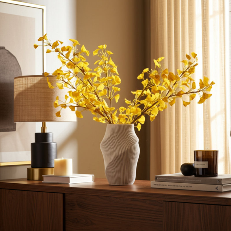 Vase sculptural en céramique sculpté pour table, H 17 po x l 11 po x P 11 po, Crème, crème