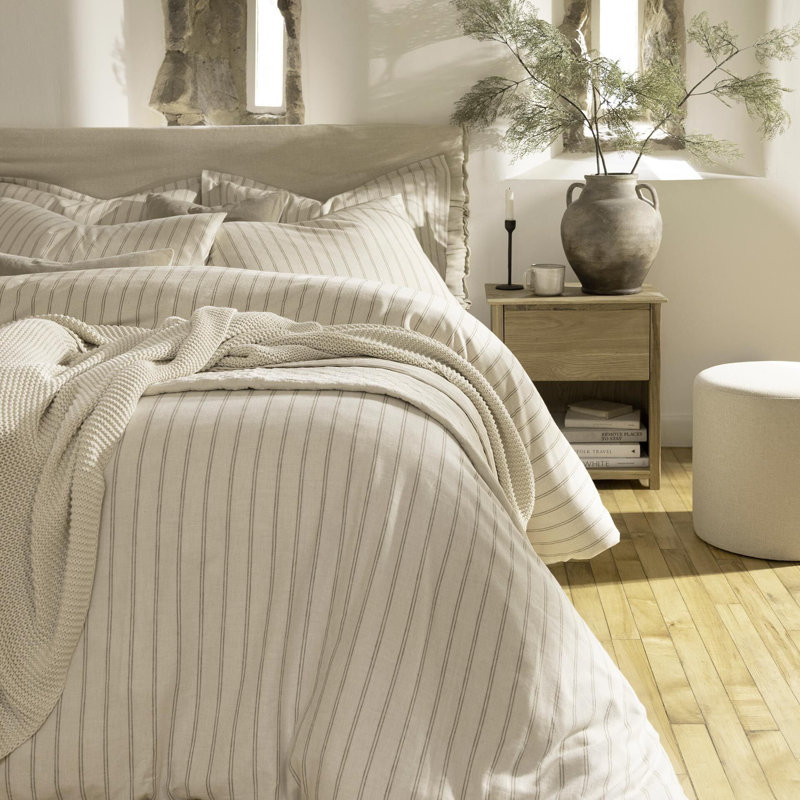 Flannel Stripe Duvet Cover Set, Oat, Queen Duvet Cover + 2 Standard Pillowcases