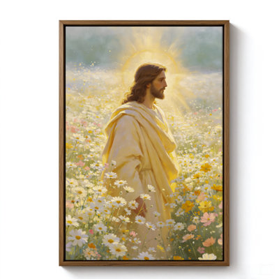 Jesus in a Daisy Field, Brown Framed Canvas Wall Art, 20" x 30", Modern Wall Decor for Living Room and Bedroom