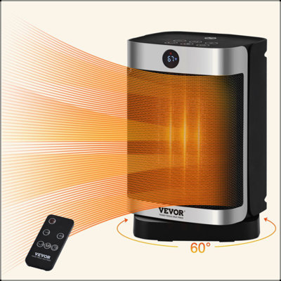VEVOR Electric Space Heater With Thermostat Remote Control, 2-Level Adjustable Quiet Ceramic Heater Fan, 10 In Tip-Over Shutdown Overheat Protection Small Heaters For Office Room Desk Indoor Use
