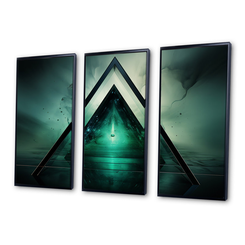 «Green Abstract Echoes Of Pyramid I» - art mural géométrique, Cadre flottant noir, H 32 po x l 48 po x P 1 po