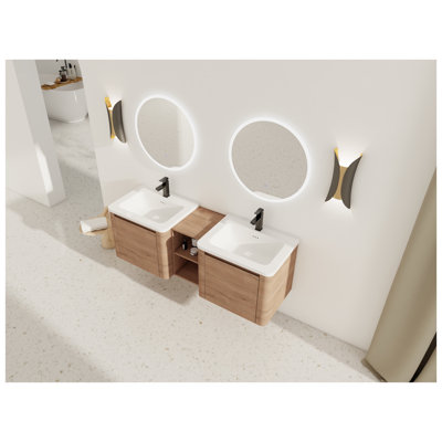 Meuble-lavabo mural 60 po avec lavabo en céramique blanche imitation chêne