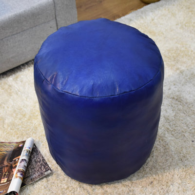 POUF BLEU CUIR FABRIQUÉ À LA MAIN BLEU - 14 po x 14 po x 14 po, de forme ronde, de couleur unie bleue, en cuir de buffle Genunie, rembourré de coton recyclé, repose-pieds pour le salon, la salle d'étude, Patio et bureau