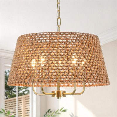 5-Light 20" Gold Boho Rattan Chandelier, Farmhouse Wicker Hand-Woven Ceiling Pendant Light Fixture for Dining Room Bedroom