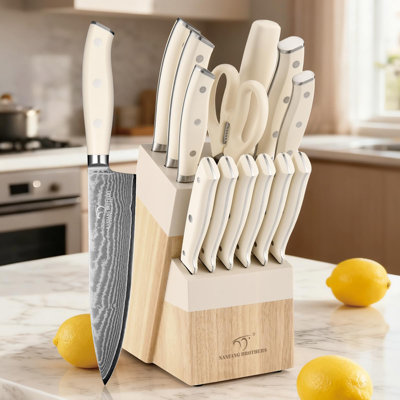 Ensemble de couteaux de cuisine Damas 14 pièces avec ciseaux et taille-crayon - Acier Damas VG10, poignée ergonomique ABS, rangement en bois blanc