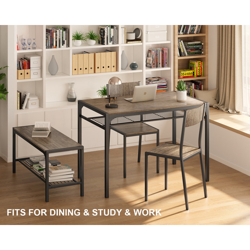 Tamajah 4‑Person Dining Table Set with 2 Chairs and Storage Bench for Small Spaces, Gray