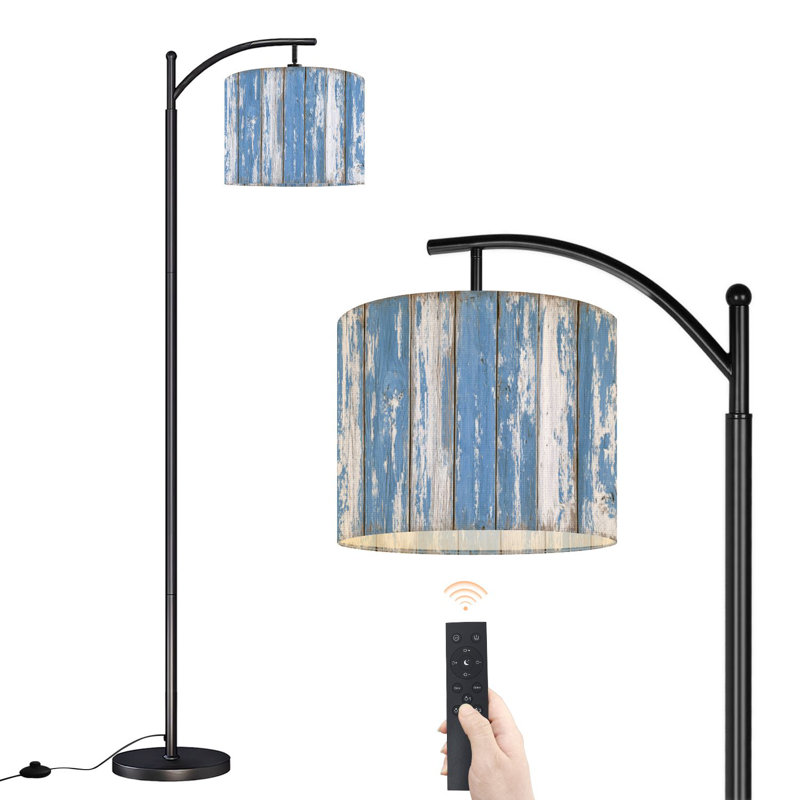 Lampe sur pied à arc avec abat-jour ajustable Lampe sur pied en bois bleu-blanc vieilli avec 3 températures de couleur et gradateur haut avec interrupteur au pied pour la chambre à coucher
