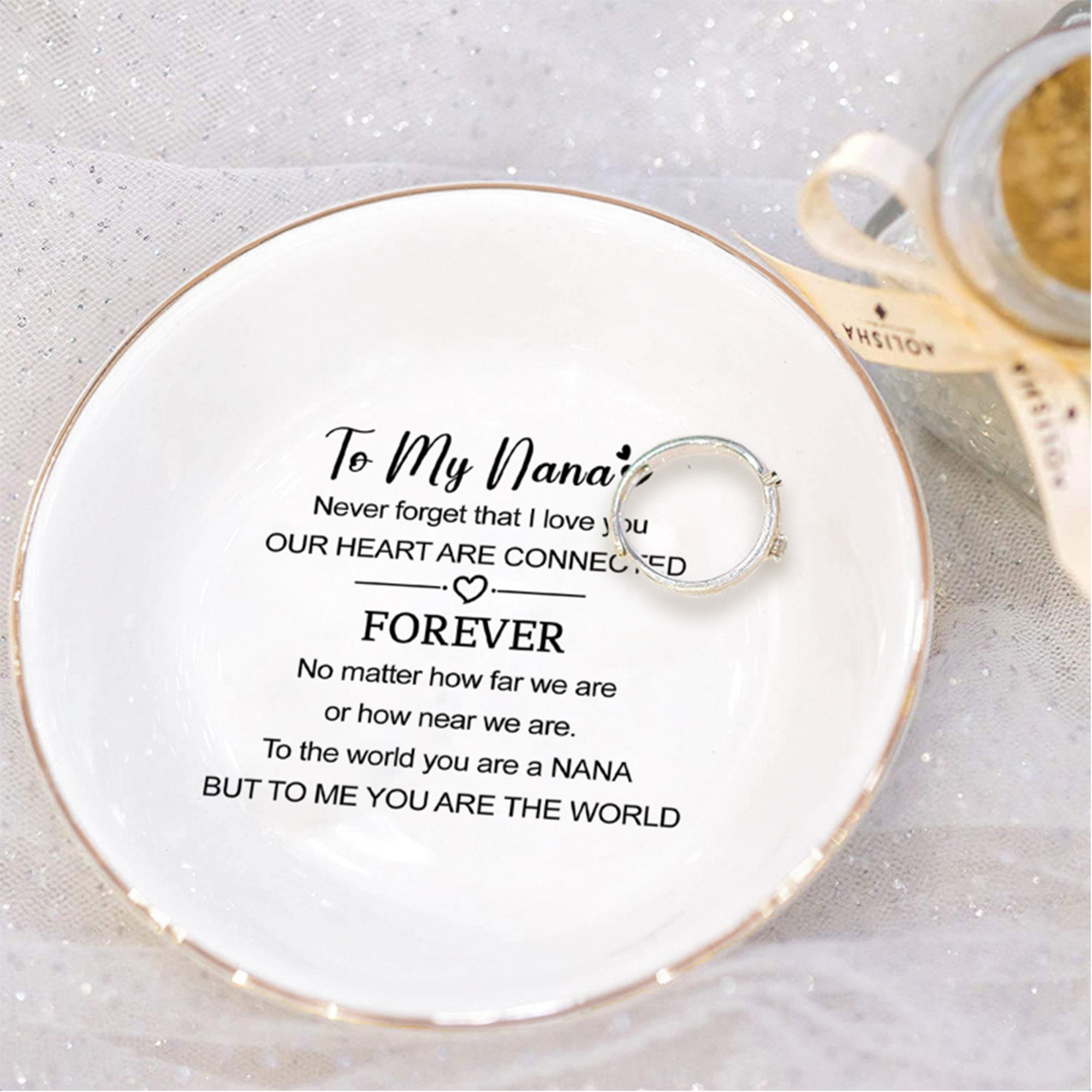 Funnywish Jewelry Dish For Grandma - Heart Shaped Ceramic Trinket Tray, Best Grandma Ever Gift