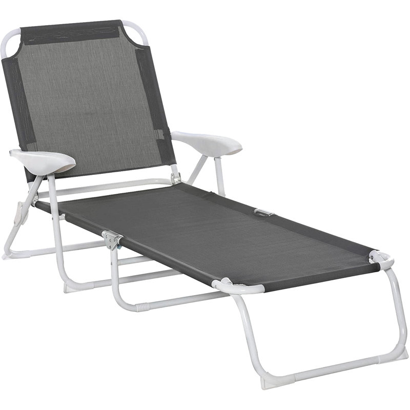 Arlmont & Co. Adjustable Sun Beach Lounger Patio Garden Reclining Bed Portable Folding Camping Cot, Dark Gray