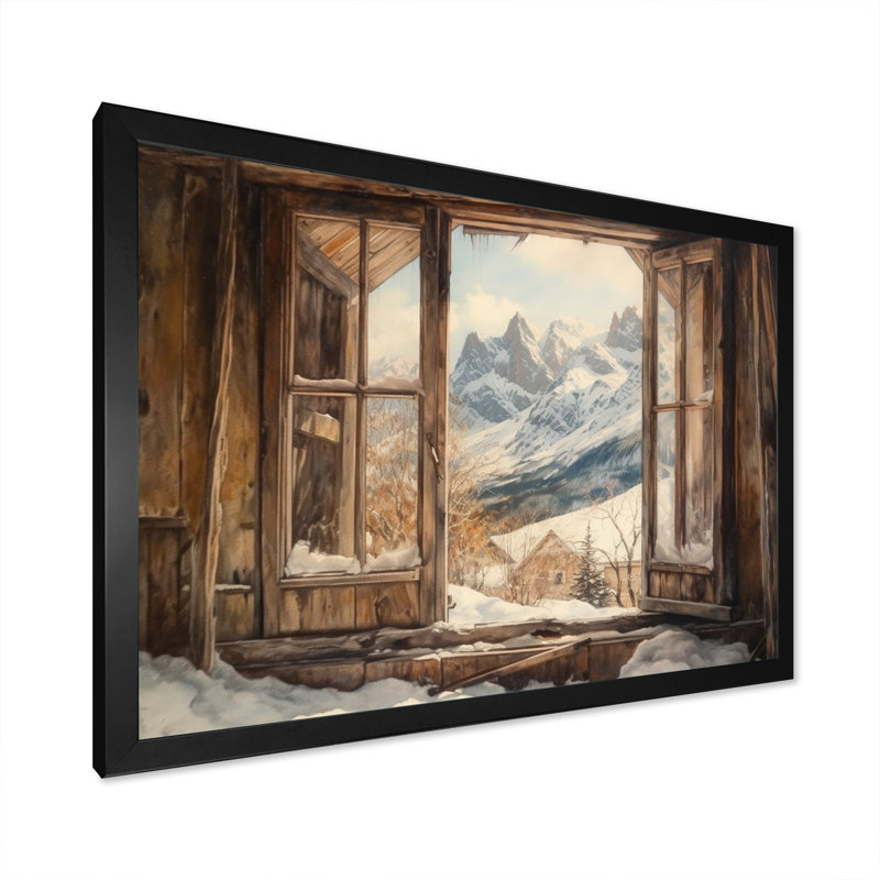 «Robet Cottage Window View Of Snowy Mountains», reproduction sur toile, H 30 po x l 40 po x P 1,5 po, Cadre photo noir