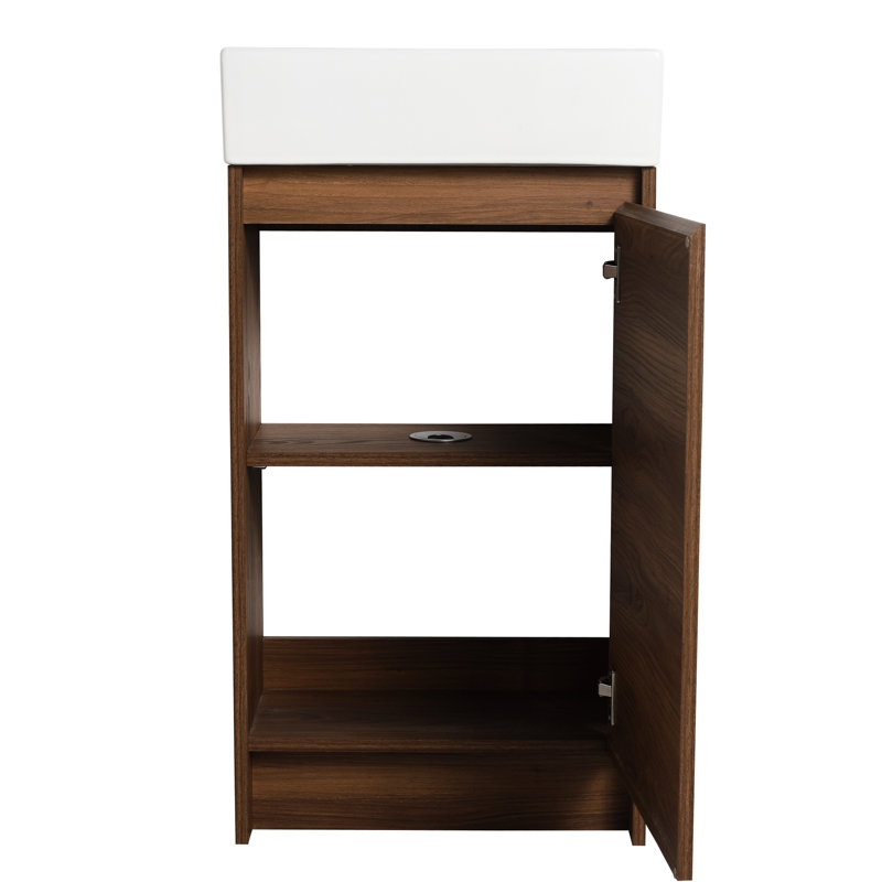 Meuble-lavabo autoportant de 18 pouces avec lavabo simple. Armoire à portes à fermeture douce. Lavabo en céramique. Assemblage sans couture de l'armoire de 18 po en contreplaqué brun ébène pour les petites salles de bain.