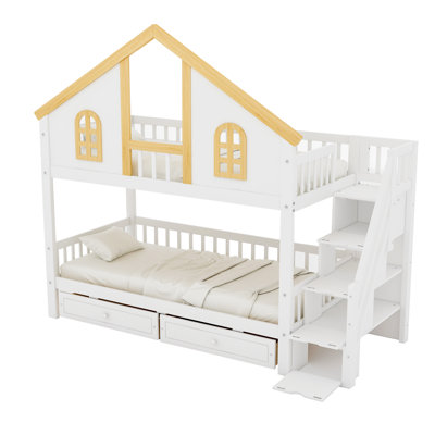 House Twin Bunk Bed with Stairs & Drawers, White and Natural Solid Wood & MDF Kids Bed
