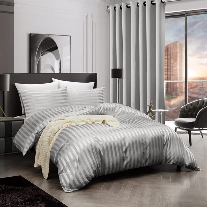 Microfiber Striped Bedding with Pillowcases, King Duvet Cover + 2 Standard Pillowcases, Silver