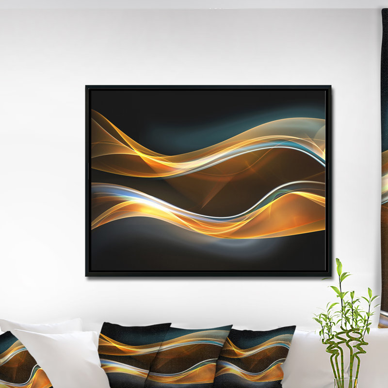Corwin 3D Gold Waves en noir - impression abstraite, H 30 po x l 40 po x P 1,5 po, Toile avec cadre flottant
