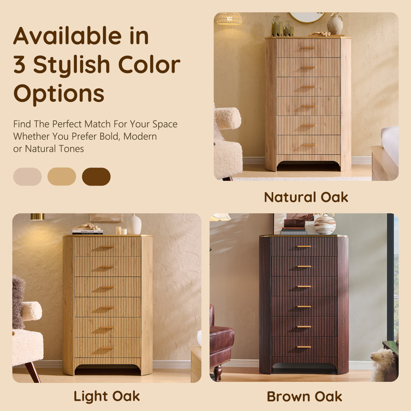Adison Fluted 6 Drawer Tall Dresser With Curved Profile , 47.8" Tall Drawers With Reeded Texture, Gold Handles Storage Organizer Cabinet For Bedroom, Living Room, Entryway,Natural Oak