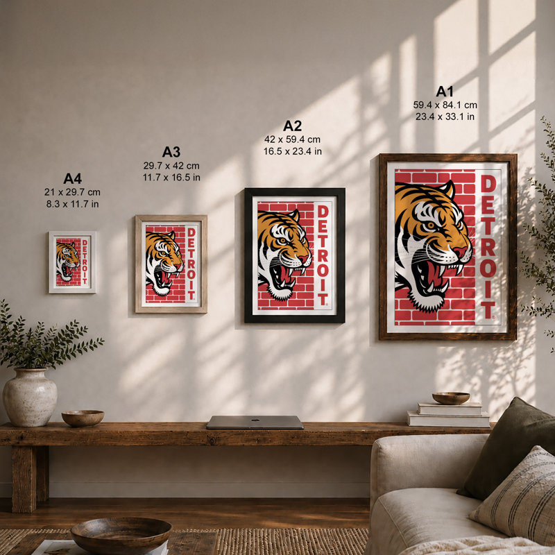 Detroit Tiger Spirit Retro - Framed Print, A4 - 29.7 x 21.0 cm, White