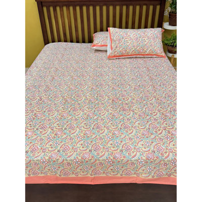 Elegant Floral Block Print Cotton Bedsheet Set With Pillowcases