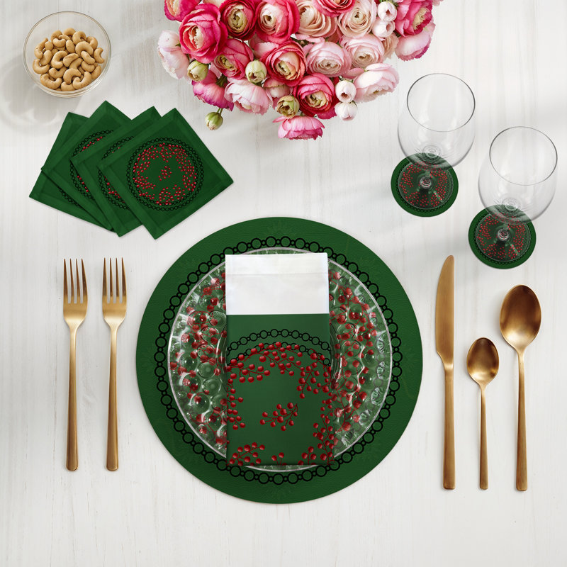 Christmas Berries Cotton Sateen Cocktail Napkins, Red Green