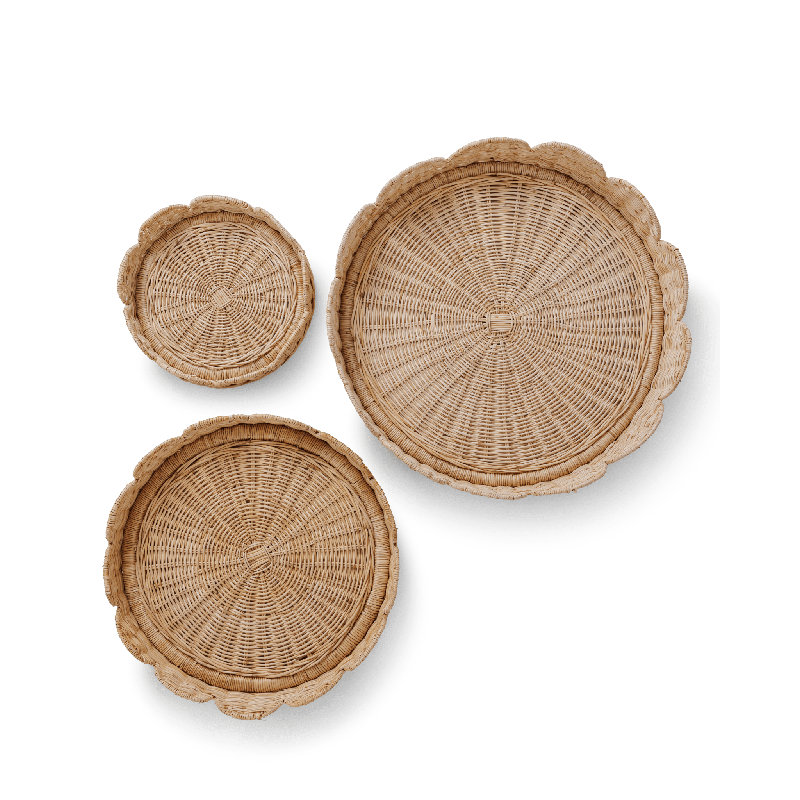 3-Piece Scalloped Rattan Round Tray Set – Handwoven Wicker Decorative Serving Trays