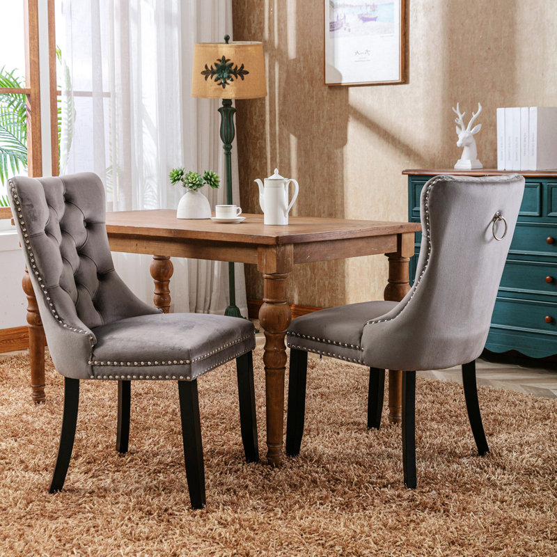 Fioretto 20'' H Tufted Upholstered Dining Chair, Black Wood, Gray