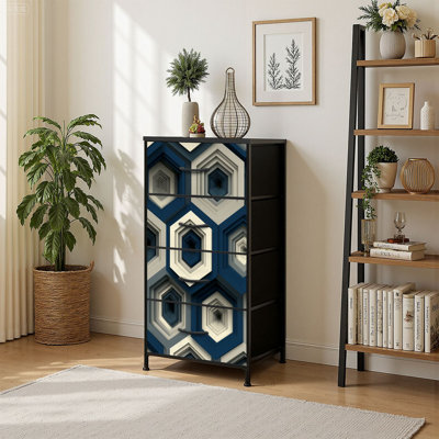 4 Drawer Vertical Storage Dresser Seamless porcelain indigo blue white honeycomb with Wood Top Fabric Pull Drawers