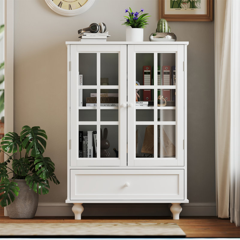 Vaisselier minimaliste avec portes en verre et tiroir double, Blanc