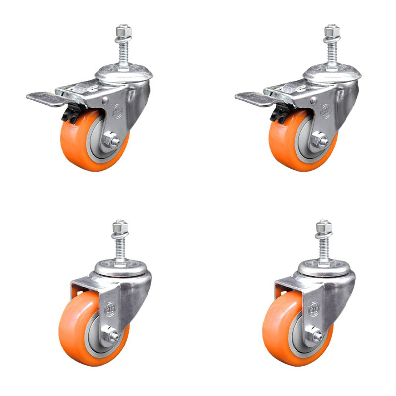 Ensemble de 3 roulettes à tige filetée en polyuréthane orange de 3 pouces avec filetage de 10 mm et 2 freins