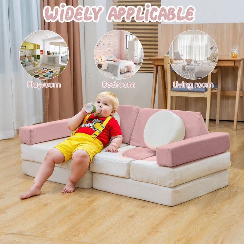 13PCS Modular Kids Play Couch, Toddler Couch With Washable Velvet Cover For Playroom, Sectional Toddler Play Sofa For Developing Imagination, Convertible Foam Climbing Sofa