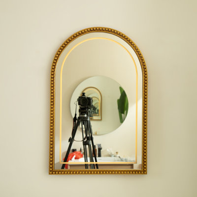 20'' Mirror, Beaded Arch-shaped PU Decorative Mirror in Retro Style